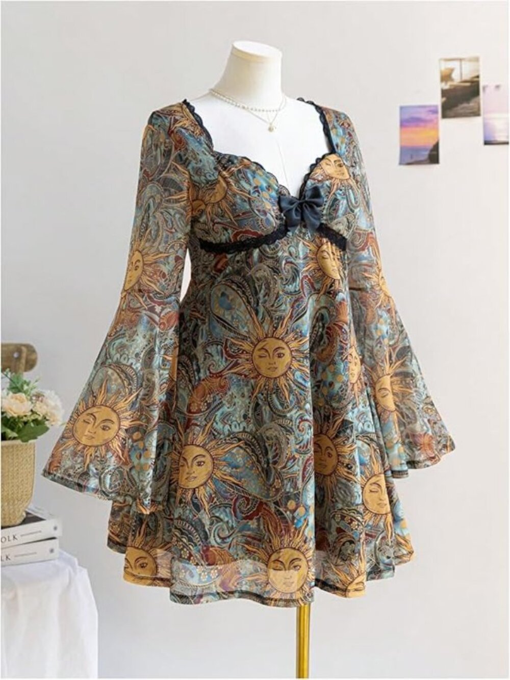 Women's Y2k Plus Size Hippie Vintage Boho Dress Leopard Bell‎ Long Sleeve V Neck